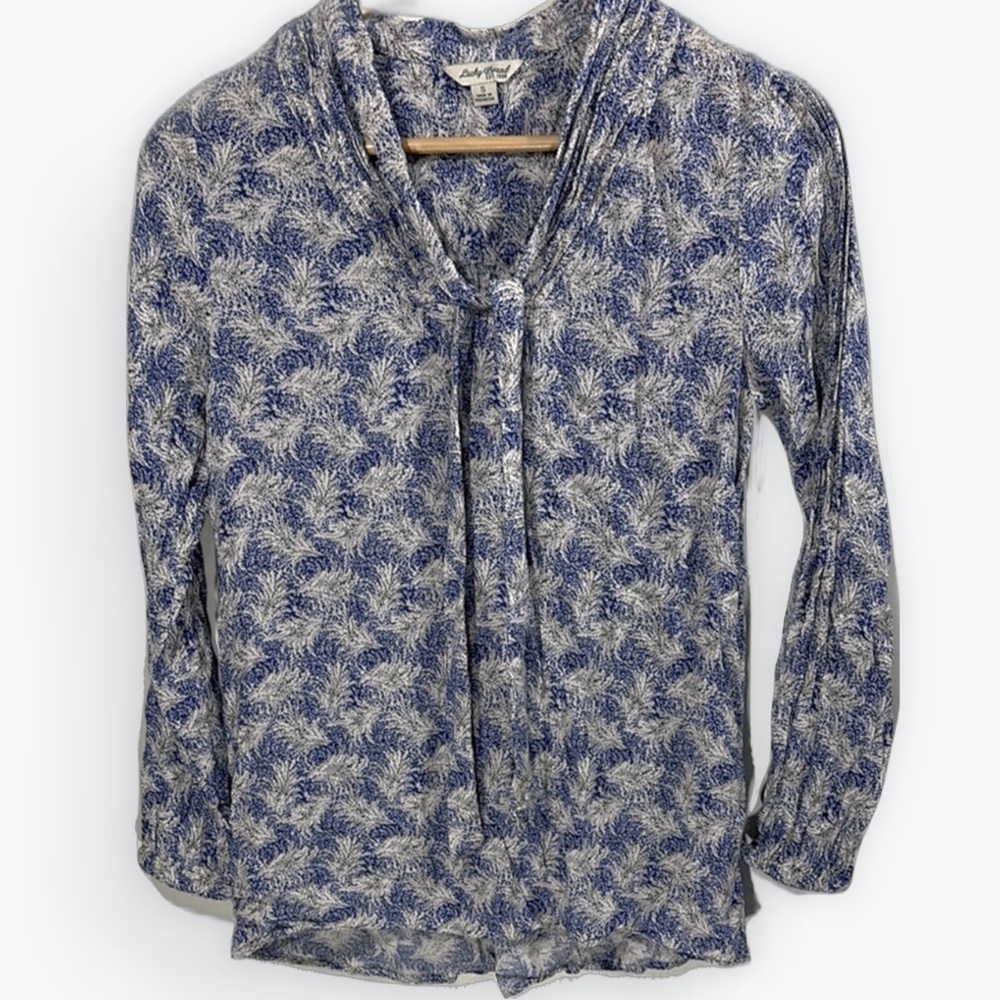 Lucky Brand White and Blue Tie Front Sailor Collar LongSleeve Blouse Size Small
